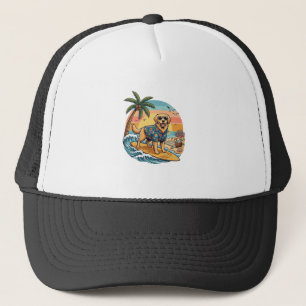 Golden Retriever Dog Surfing Surfboard Sunset Palm Trucker Hat