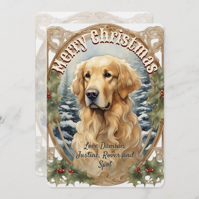 Golden Retriever Dog Vintage Christmas Card (Front/Back)