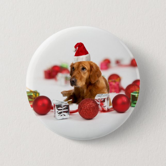 Golden Retriever Dog W Red Santa Hat Christmas 6 Cm Round Badge (Front)