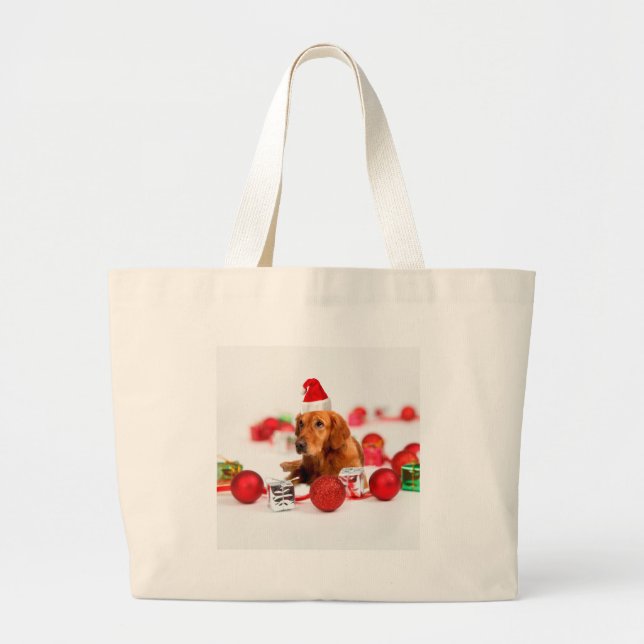 Golden Retriever Dog W Red Santa Hat Christmas Large Tote Bag (Front)