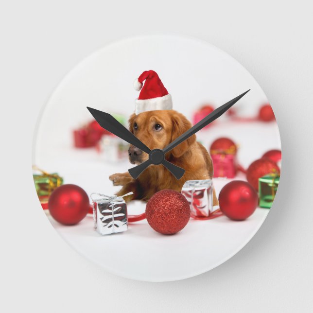 Golden Retriever Dog W Red Santa Hat Christmas Round Clock (Front)
