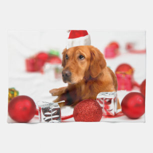 Golden Retriever Dog W Red Santa Hat Christmas Tea Towel