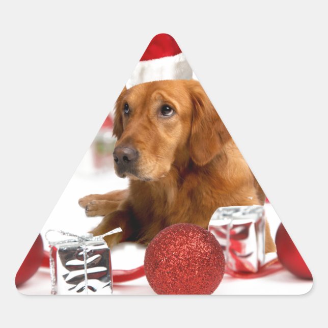 Golden Retriever Dog W Red Santa Hat Christmas Triangle Sticker (Front)