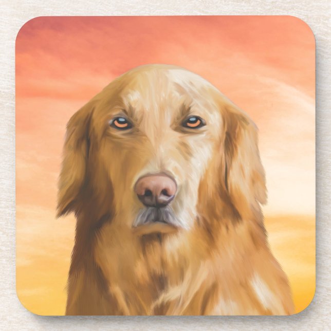 Golden Retriever Dog Water Colour Art Oil Painting Coaster (Front)