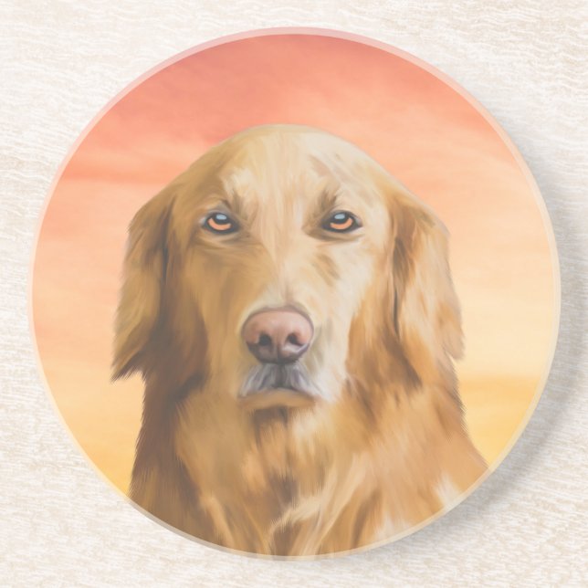 Golden Retriever Dog Water Colour Art Oil Painting Coaster (Front)