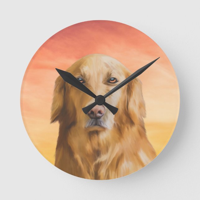 Golden Retriever Dog Water Colour Art Oil Painting Round Clock (Front)