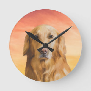 Golden Retriever Dog Water Colour Art Oil Painting Round Clock