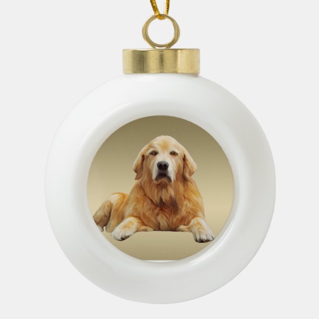 Golden retriever Dog Water Colour Art Painting Ceramic Ball Christmas Ornament (Front)