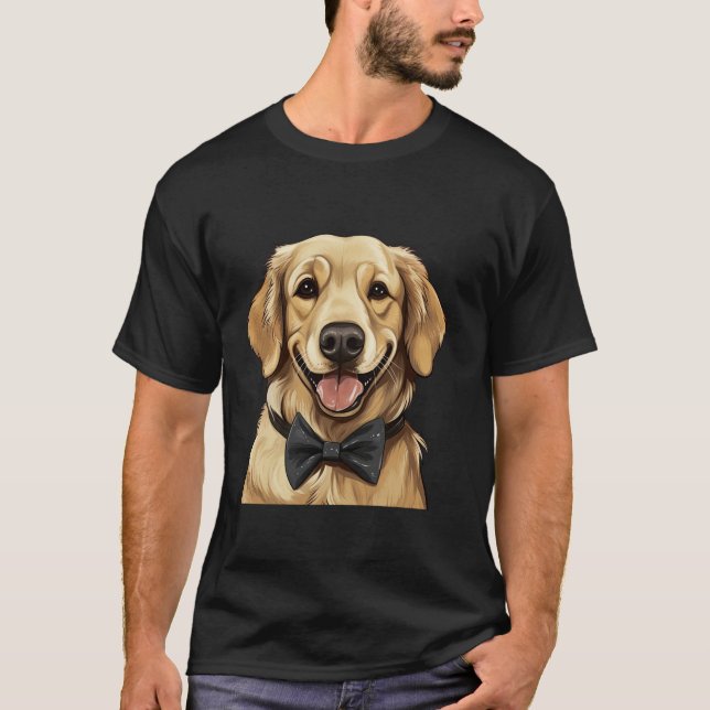 Golden Retriever Dog Wearing Bow Tie Black Neckwea T-Shirt (Front)