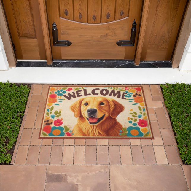 Golden Retriever Dog Welcome Colourful Border Doormat (Outdoor)