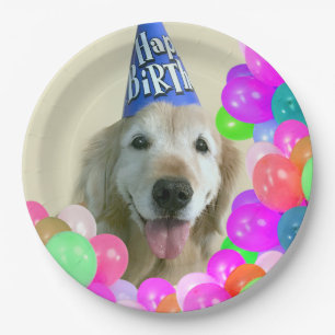 Golden Retriever Dog With Balloons Birthday Paper Plate