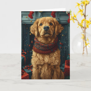 Golden Retriever Dog With Christmas Gift Fireplace Card