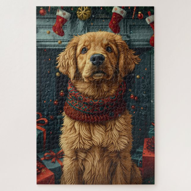 Golden Retriever Dog With Christmas Gift Fireplace Jigsaw Puzzle (Vertical)