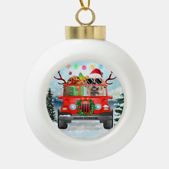 Golden Retriever dog with Christmas gifts Ceramic Ball Christmas Ornament (Front)