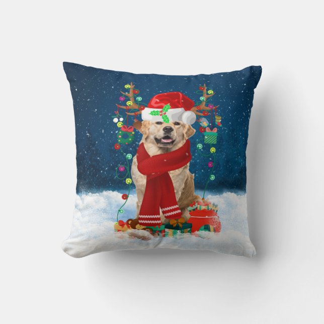 Golden Retriever dog with Christmas gifts Cushion (Front)