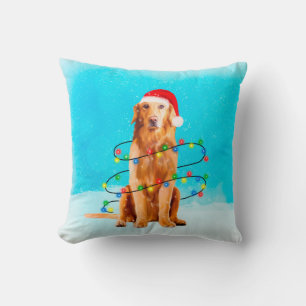 Golden Retriever Dog with Christmas Hat Cushion