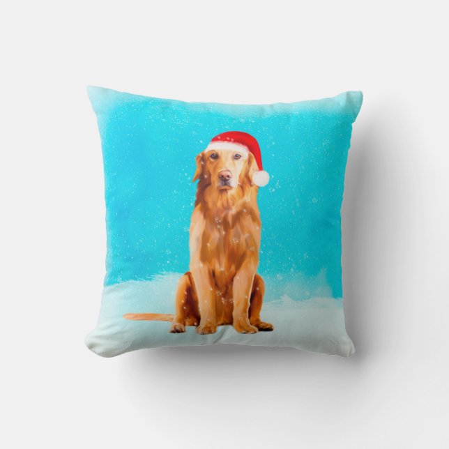 Golden Retriever Dog with Christmas Hat Cushion (Front)