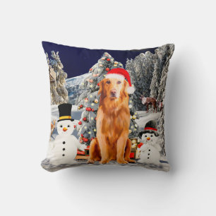 Golden Retriever Dog with Christmas Hat Cushion