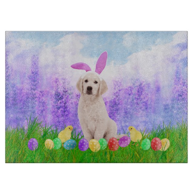 Golden Retriever Dog with Easter Eggs Bunny Chicks Cutting Board (Front)