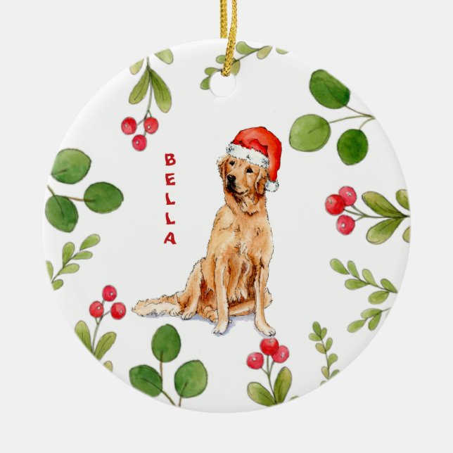 Golden retriever dog with Santa Hat  Ceramic Ornament (Front)