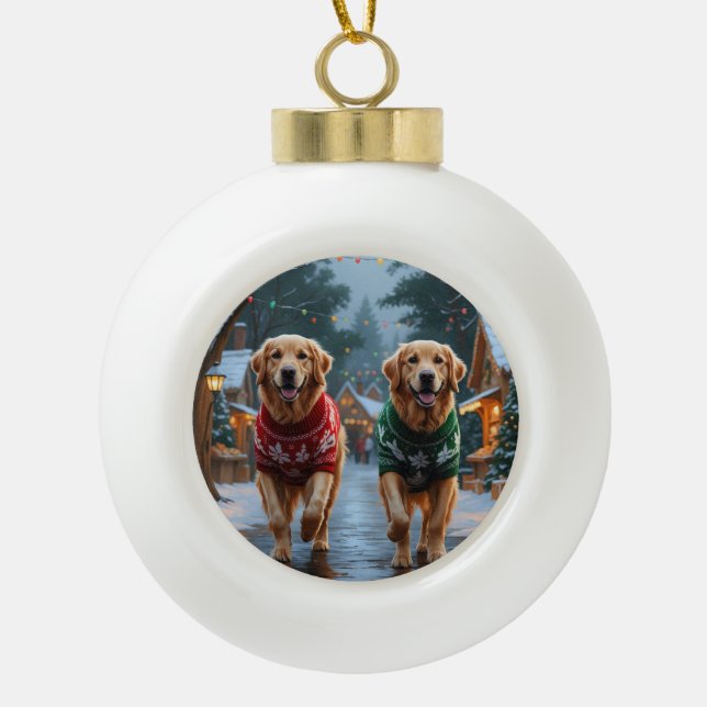 Golden Retriever Dogs Christmas Snow Holiday Ceramic Ball Christmas Ornament (Front)