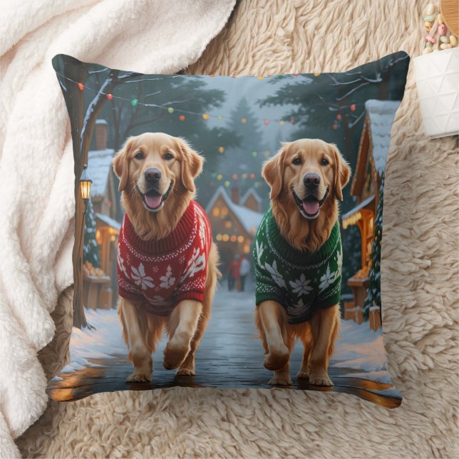 Golden Retriever Dogs Christmas Snow Holiday Cushion (Blanket)