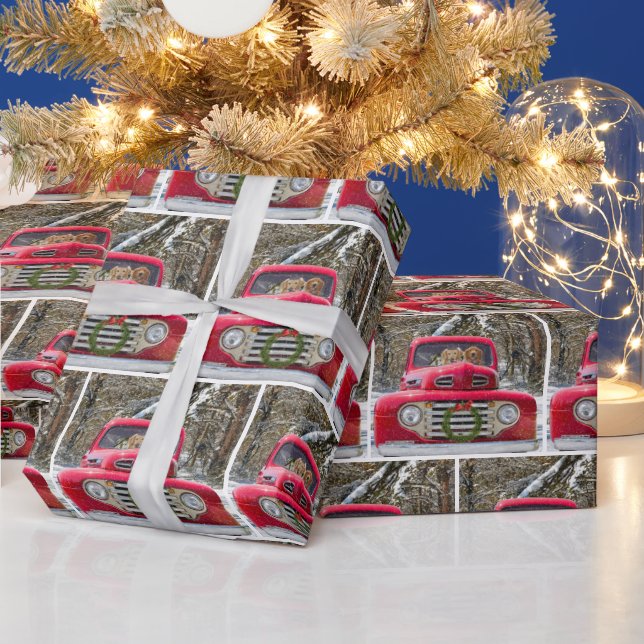 Golden Retriever Dogs in Retro Truck Wrapping Paper (Holidays)