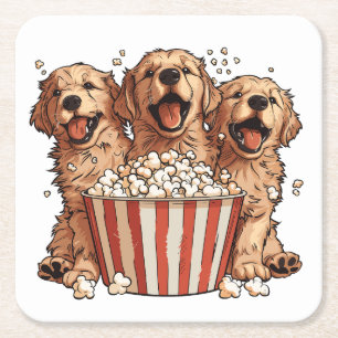 Golden Retriever Dogs Movie Popcorn Bucket Square Paper Coaster