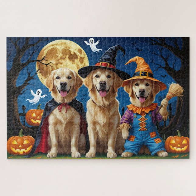 Golden Retriever Dogs Pumpkin Halloween Funny Jigsaw Puzzle (Horizontal)