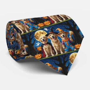 Golden Retriever Dogs Pumpkin Halloween Funny Tie