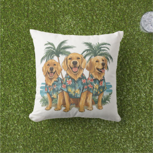 Golden Retriever Dogs Wearing Hawaiian Shirt Cushion