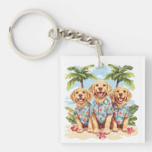 Golden Retriever Dogs Wearing Hawaiian Shirts Key Ring
