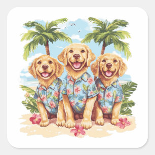 Golden Retriever Dogs Wearing Hawaiian Shirts Square Sticker