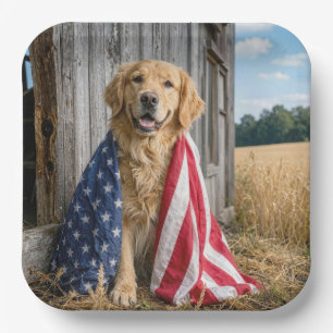 Golden Retriever Draped in an American Flag Paper Plate