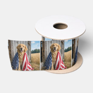 Golden Retriever Draped in an American Flag Satin Ribbon