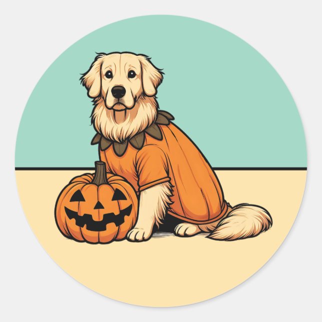 Golden Retriever Dressed as Pumpkin Fall Stickers (Front)
