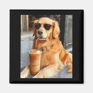 Golden retriever drinking iced coffee magnet