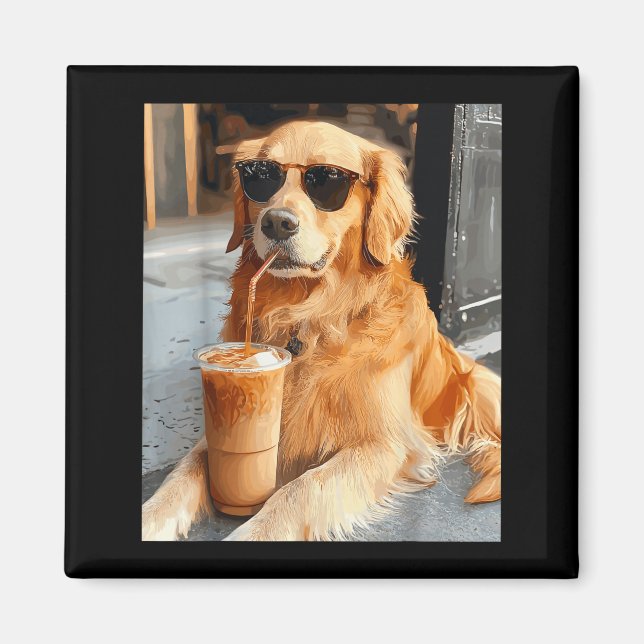 Golden retriever drinking iced coffee  magnet (Front)