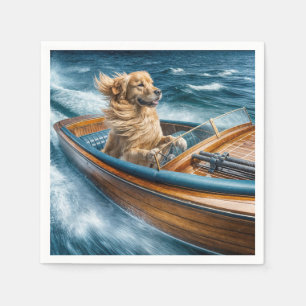 Golden Retriever Driving An Old Motorboat Napkin