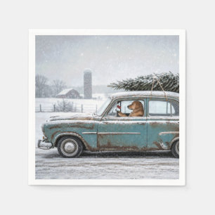 Golden Retriever Driving Retro Car with Pine Tree Napkin