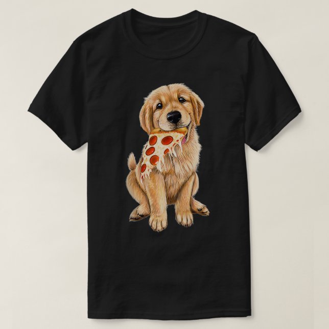 Golden Retriever eating pizza  puppy with a slice  T-Shirt (Design Front)