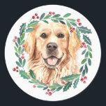 Golden Retriever Elegant Dog Christmas Classic Round Sticker<br><div class="desc">Add the finishing touch to your holiday cards, gifts wrapping or party this holiday season with this elegant golden retriever in a wreath design christmas stickers, and matching decor. This golden retriever holiday stickers features a watercolor dog in a green and red wreath with holly and berries. This golden retriever...</div>