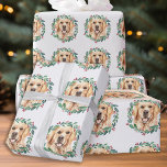 Golden Retriever Elegant Dog Christmas Wrapping Paper<br><div class="desc">Add the finishing touch to your holiday cards, gifts wrapping or party this holiday season with this elegant Christmas golden retriever in a wreath design christmas stickers, and matching decor. This golden retriever holiday stickers features a watercolor dog in a green and red wreath with holly and berries. This golden...</div>