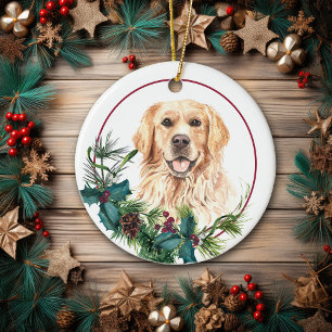 Golden Retriever Evergreen Berry Wreath Ceramic Ornament