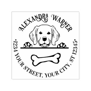 Golden Retriever Eying Bone Name Return Address Self-inking Stamp