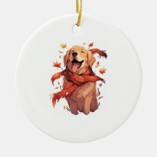 Golden Retriever Fall Dog Autumn Leaves Ceramic Ornament