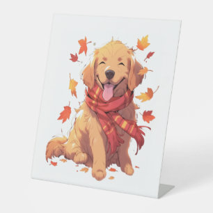 Golden Retriever Fall Dog Autumn Leaves  Pedestal Sign