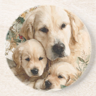 Golden Retriever Family Puppies Vintage Christmas Coaster