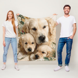 Golden Retriever Family Puppies Vintage Christmas Fleece Blanket