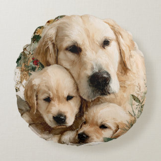 Golden Retriever Family Puppies Vintage Christmas Round Cushion